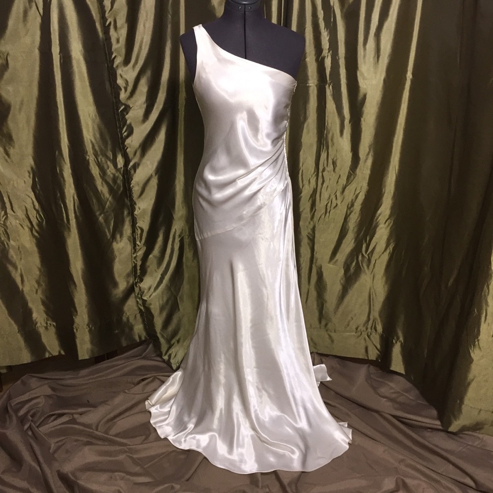 Vintage, asymmetric, one shoulder, satin gown.